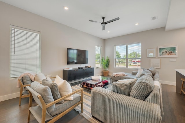 238 Estates Cir, College Station, TX 77840 - living room featuring baseboards, ceiling fan, dark wood-style flooring, and recessed lighting