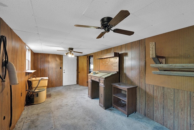 3355 La Mesa Dr, Weatherford, TX 76085 - home office featuring light colored carpet, wood walls, and ceiling fan