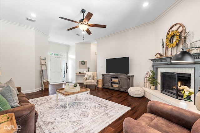 7622 Mary Ann Cir, Blanchard, LA 71107 - living area featuring ceiling fan, ornamental molding, dark wood-style flooring, a fireplace, and recessed lighting
