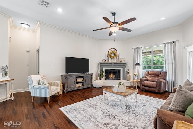 7622 Mary Ann Cir, Blanchard, LA 71107 - living area featuring dark wood-style floors, a ceiling fan, crown molding, a fireplace, and recessed lighting
