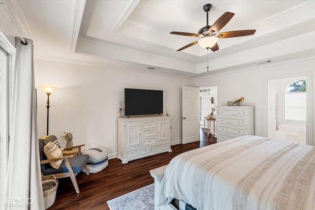 7622 Mary Ann Cir, Blanchard, LA 71107 - bedroom featuring a raised ceiling, dark wood-style floors, ornamental molding, baseboards, and ceiling fan