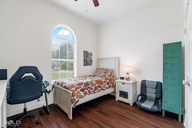 7622 Mary Ann Cir, Blanchard, LA 71107 - bedroom with crown molding, dark wood-style flooring, baseboards, and a ceiling fan