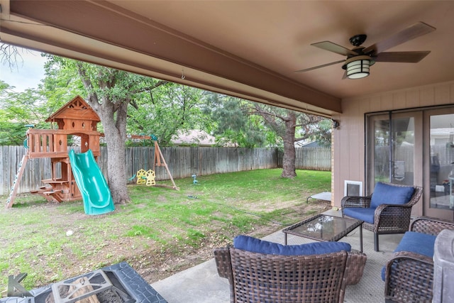 3526 Carnation Ct, Abilene, TX 79606 - view of patio / terrace with a playground, a ceiling fan, and an outdoor hangout area