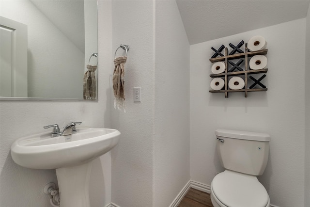 1252 Milfoil Dr, Justin, TX 76247 - bathroom featuring toilet, lofted ceiling, baseboards, a sink, and wood finished floors