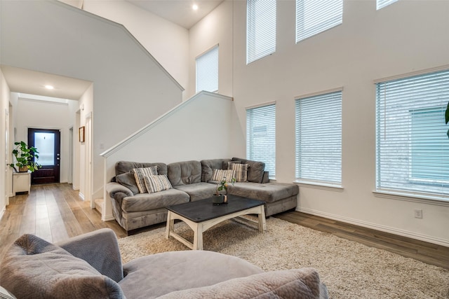 1252 Milfoil Dr, Justin, TX 76247 - living room with plenty of natural light, wood finished floors, baseboards, and a high ceiling