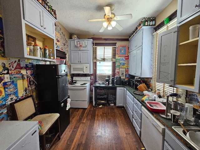 1801 S 10th St S Unit A & B, Waco, TX 76706 - kitchen with white appliances, ceiling fan, dark wood finished floors, a textured ceiling, and open shelves