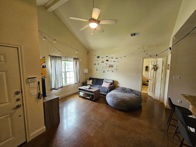 1801 S 10th St S Unit A & B, Waco, TX 76706 - living room featuring ceiling fan, beamed ceiling, baseboards, and high vaulted ceiling