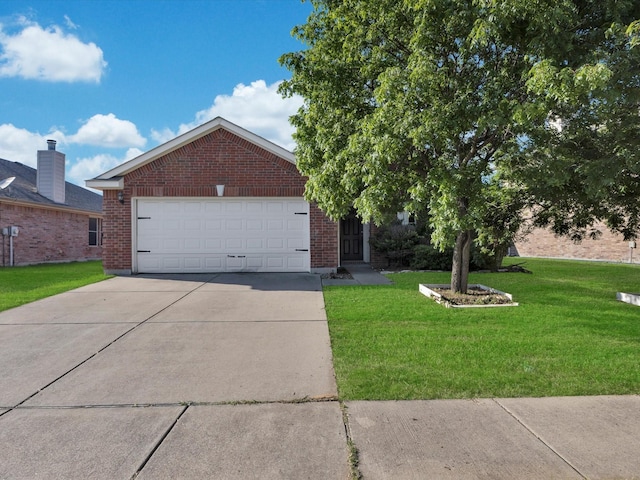 3236 Yeltes, Grand Prairie, TX 75054 - view of front facade with brick siding, a front lawn, concrete driveway, and a garage