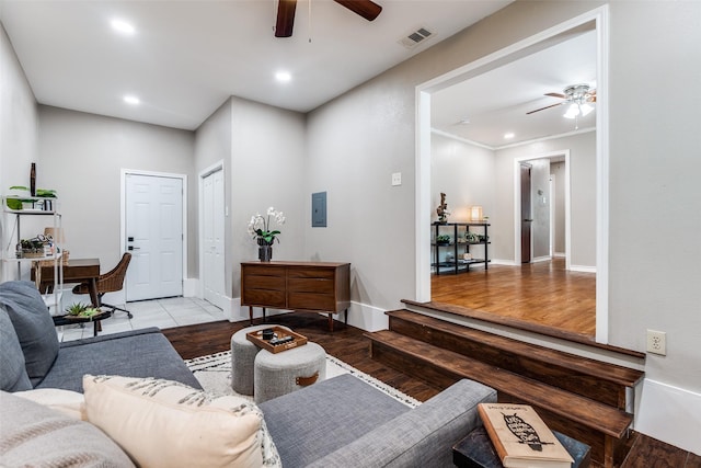 2839 Ruidosa Ave, Dallas, TX 75228 - living area featuring ceiling fan, recessed lighting, baseboards, and ornamental molding