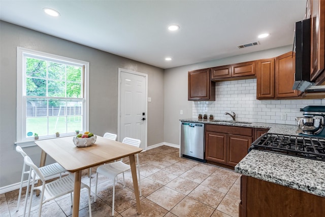 2839 Ruidosa Ave, Dallas, TX 75228 - kitchen featuring stainless steel dishwasher, a sink, tasteful backsplash, baseboards, and light stone counters