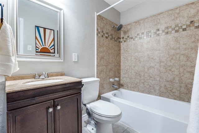 2839 Ruidosa Ave, Dallas, TX 75228 - full bath with toilet, vanity, shower / bathtub combination, a textured wall, and tile patterned flooring