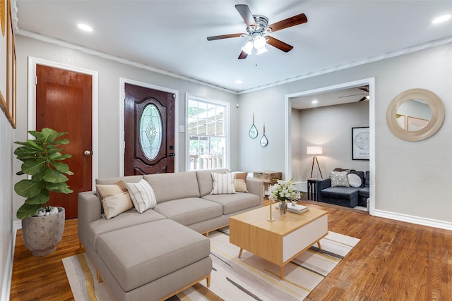 2839 Ruidosa Ave, Dallas, TX 75228 - living area with a ceiling fan, light wood-style flooring, recessed lighting, baseboards, and ornamental molding