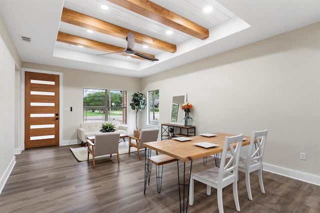 600 Arthur St, Mcgregor, TX 76657 - dining space with recessed lighting, dark wood finished floors, a raised ceiling, baseboards, and beam ceiling