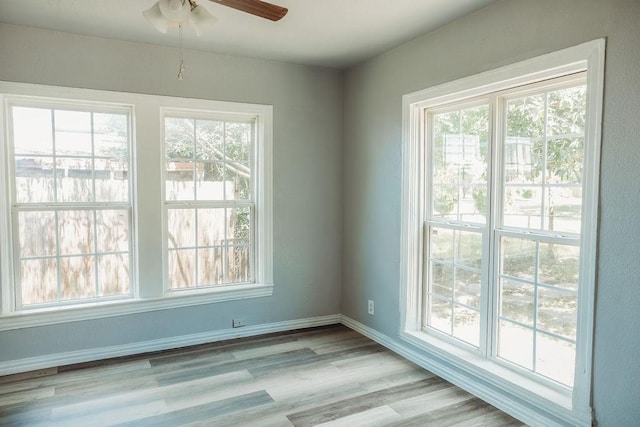 spare room featuring plenty of natural light, ceiling fan, and light wood-style floors