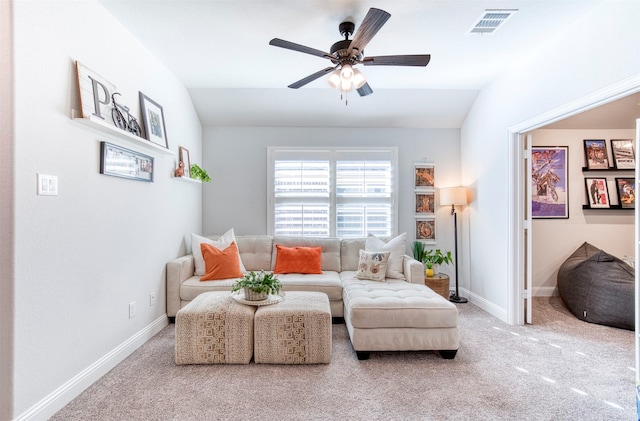 6108 Lipan Ln, Mckinney, TX 75070 - living room with carpet floors, ceiling fan, vaulted ceiling, and baseboards