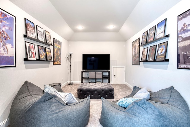 6108 Lipan Ln, Mckinney, TX 75070 - living area featuring carpet flooring, baseboards, and lofted ceiling