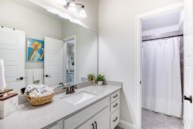 6108 Lipan Ln, Mckinney, TX 75070 - bathroom with vanity, curtained shower, and tile patterned flooring