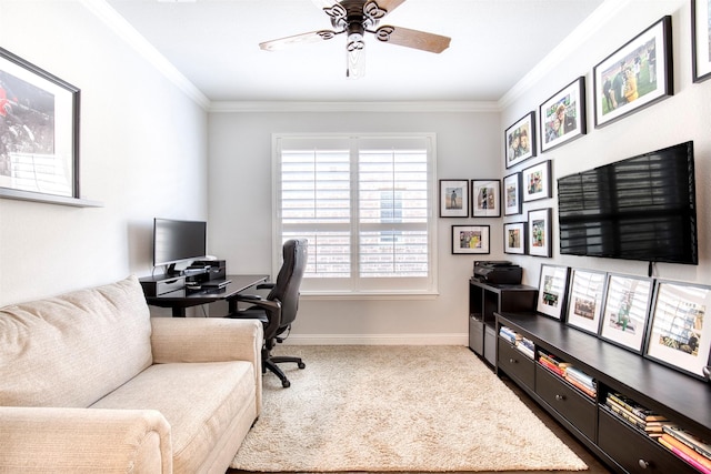 6108 Lipan Ln, Mckinney, TX 75070 - office area featuring crown molding, a ceiling fan, carpet flooring, and baseboards