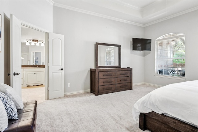 8001 Sutherland Ln, Plano, TX 75025 - bedroom with crown molding, light carpet, ensuite bath, baseboards, and a tray ceiling