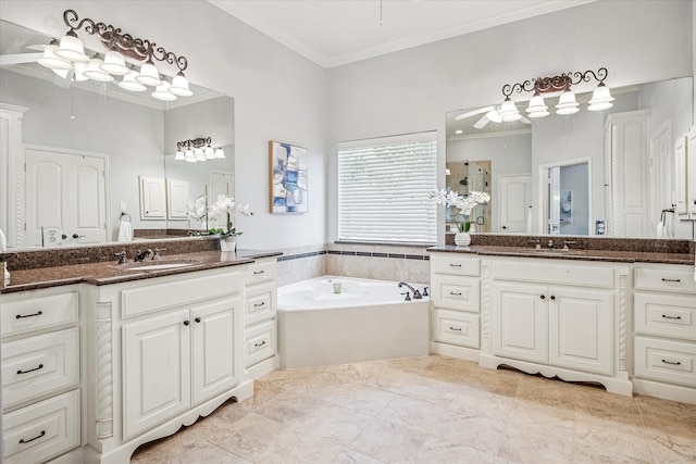8001 Sutherland Ln, Plano, TX 75025 - bathroom featuring ceiling fan, ornamental molding, a garden tub, two vanities, and a shower stall