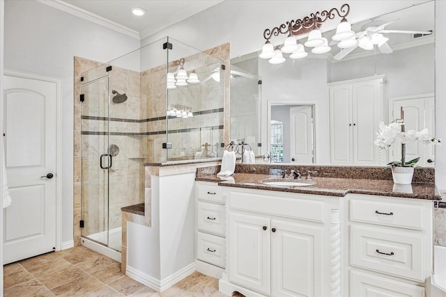 8001 Sutherland Ln, Plano, TX 75025 - full bath featuring crown molding, a shower stall, vanity, and ceiling fan