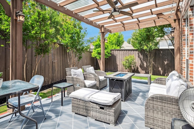 8001 Sutherland Ln, Plano, TX 75025 - view of patio / terrace featuring a pergola, a fenced backyard, an outdoor living space with a fire pit, and ceiling fan