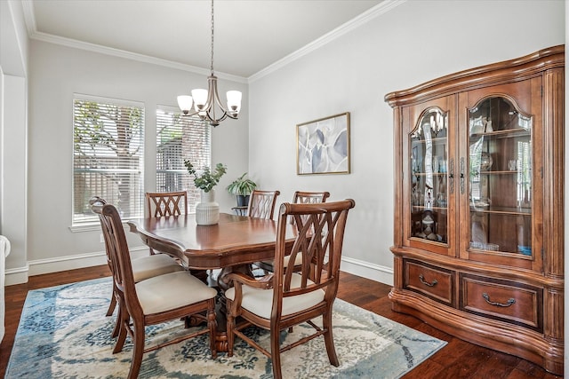8001 Sutherland Ln, Plano, TX 75025 - dining area featuring a chandelier, baseboards, crown molding, and dark wood-style floors