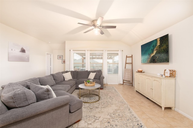 9332 Castorian Dr, Fort Worth, TX 76131 - living area featuring ceiling fan, light tile patterned floors, vaulted ceiling, and baseboards