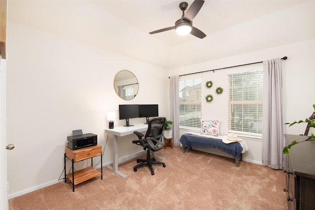 9332 Castorian Dr, Fort Worth, TX 76131 - home office with light colored carpet, a ceiling fan, baseboards, and vaulted ceiling