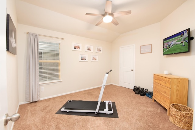 9332 Castorian Dr, Fort Worth, TX 76131 - exercise area with carpet flooring, ceiling fan, vaulted ceiling, and baseboards