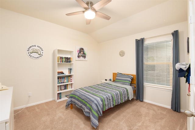 9332 Castorian Dr, Fort Worth, TX 76131 - bedroom with light carpet, baseboards, lofted ceiling, and ceiling fan