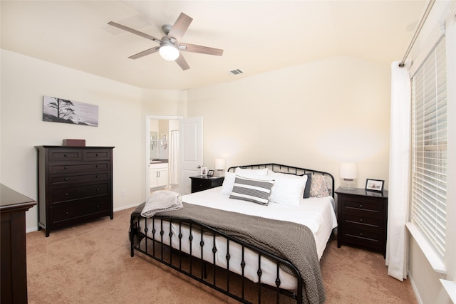9332 Castorian Dr, Fort Worth, TX 76131 - bedroom with light carpet, connected bathroom, baseboards, and a ceiling fan
