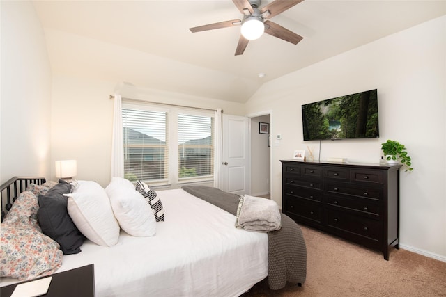 9332 Castorian Dr, Fort Worth, TX 76131 - bedroom with light colored carpet, vaulted ceiling, baseboards, and ceiling fan