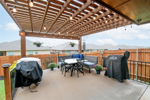9332 Castorian Dr, Fort Worth, TX 76131 - fenced backyard featuring a pergola, outdoor dining space, area for grilling, and a patio area