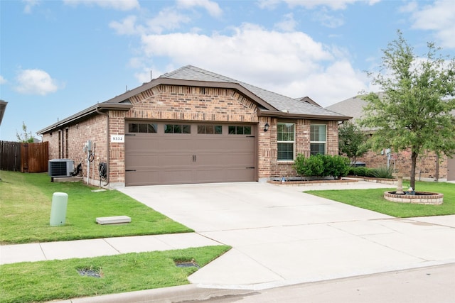 9332 Castorian Dr, Fort Worth, TX 76131 - ranch-style home featuring brick siding, a garage, driveway, and central AC unit