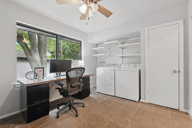11641 Sasanqua Ln, Dallas, TX 75218 - office space with washer and dryer, ceiling fan, light tile patterned flooring, and baseboards