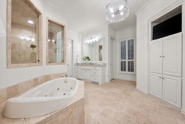 520 Round Hollow Ln, Southlake, TX 76092 - full bathroom with ornamental molding, a jetted tub, tiled shower, vanity, and a chandelier