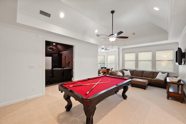 520 Round Hollow Ln, Southlake, TX 76092 - game room with a tray ceiling, carpet, ornamental molding, pool table, and healthy amount of natural light