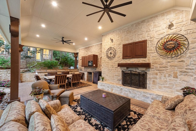 520 Round Hollow Ln, Southlake, TX 76092 - view of patio / terrace featuring an outdoor living space with a fireplace and a ceiling fan