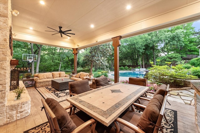 520 Round Hollow Ln, Southlake, TX 76092 - view of patio featuring an outdoor hangout area, outdoor dining area, ceiling fan, an outdoor pool, and view of wooded area