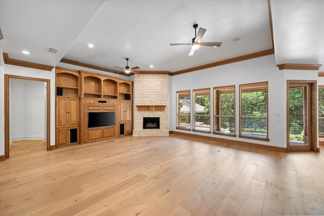 520 Round Hollow Ln, Southlake, TX 76092 - unfurnished living room featuring a ceiling fan, ornamental molding, light wood-style flooring, a fireplace, and recessed lighting