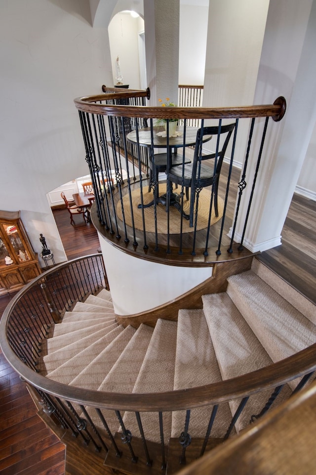 6001 Lacebark Elm Dr, Fort Worth, TX 76123 - stairs featuring wood finished floors, baseboards, and arched walkways
