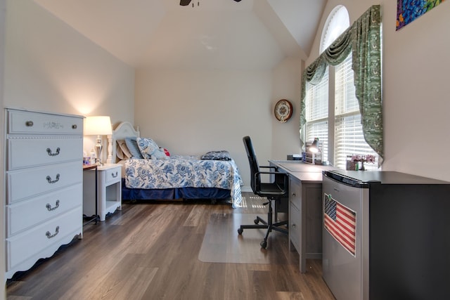 6001 Lacebark Elm Dr, Fort Worth, TX 76123 - bedroom with fridge, vaulted ceiling, dark wood finished floors, and a desk
