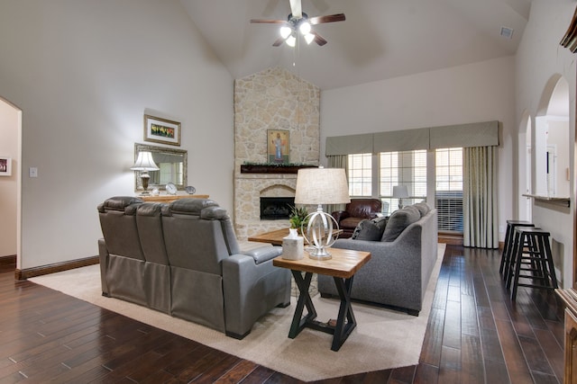 6001 Lacebark Elm Dr, Fort Worth, TX 76123 - living area with high vaulted ceiling, a ceiling fan, arched walkways, and hardwood / wood-style floors