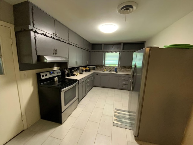 401 S Weatherford St, Chico, TX 76431 - kitchen with appliances with stainless steel finishes, gray cabinetry, under cabinet range hood, a sink, and light tile patterned floors