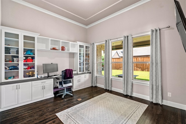 3713 Adelaide, The Colony, TX 75056 - office space with ornamental molding, dark wood finished floors, baseboards, and built in study area