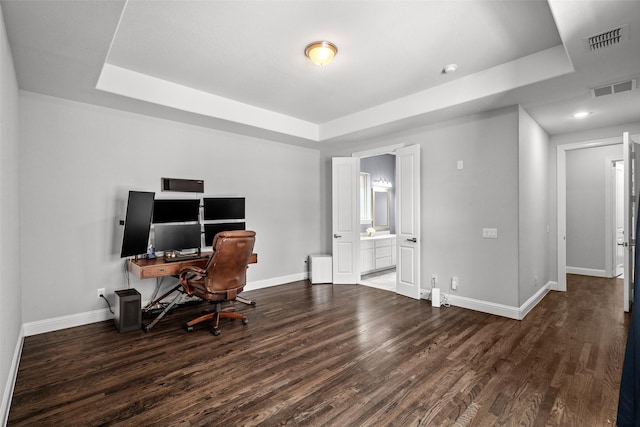 3713 Adelaide, The Colony, TX 75056 - home office with a tray ceiling, wood finished floors, and baseboards