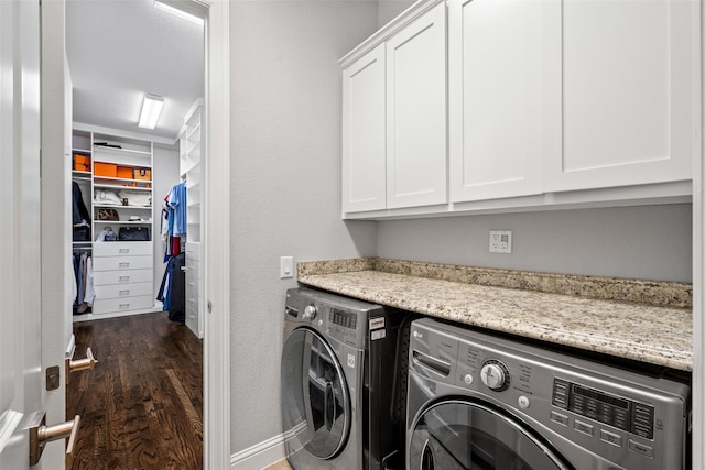 3713 Adelaide, The Colony, TX 75056 - washroom with cabinet space, washing machine and clothes dryer, and dark wood-style flooring