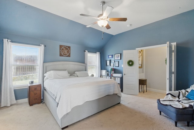 711 Red Stone Ln, Weatherford, TX 76087 - bedroom featuring light colored carpet, multiple windows, lofted ceiling, baseboards, and ceiling fan