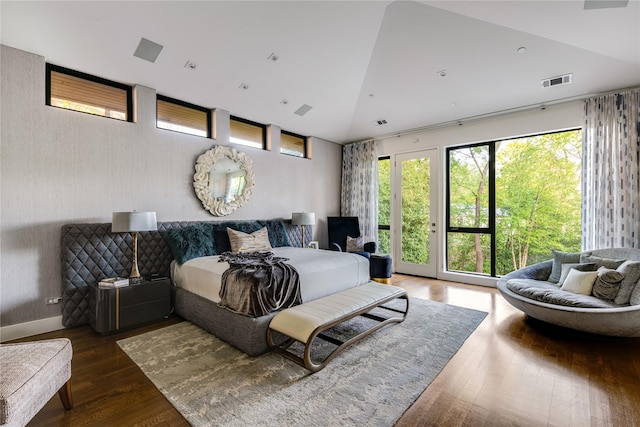 11460 Strait Ln, Dallas, TX 75229 - bedroom with access to outside, wood finished floors, and lofted ceiling